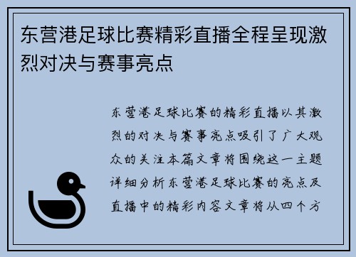 东营港足球比赛精彩直播全程呈现激烈对决与赛事亮点